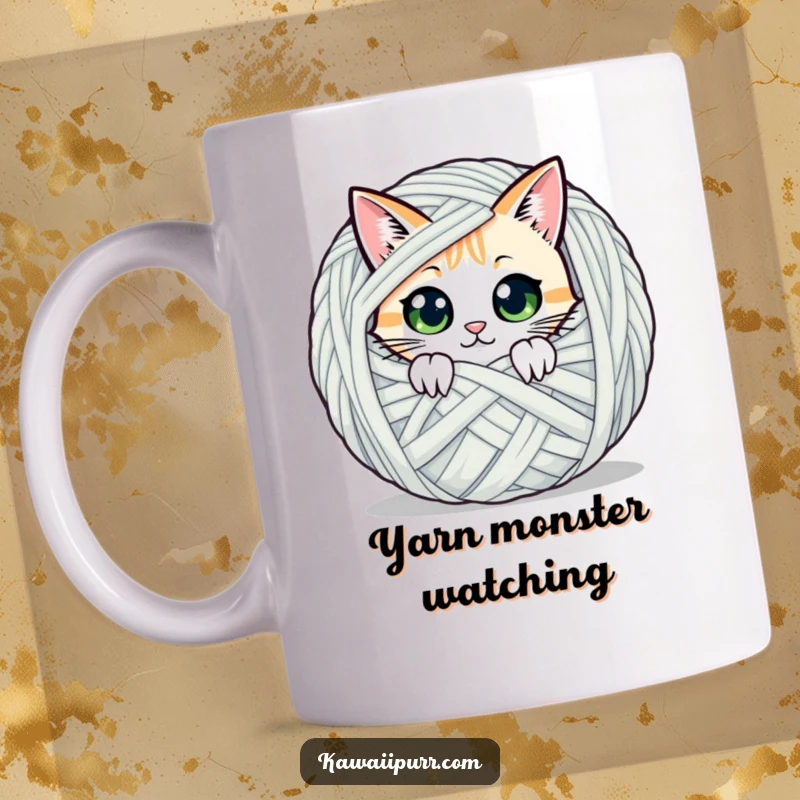 Funny mug showing a cat character peeking with wide, curious eyes from behind a massive ball of yarn, full of mischief.