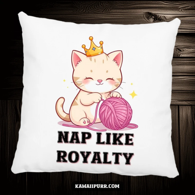 Funny Pillow: A sweet cat crowned with a tiny crown, playfully batting at a sparkling ball of yarn, bringing joy.