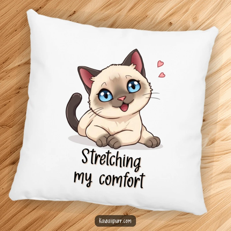 Funny Pillow: A Siamese cat with sparkling blue eyes stretching languidly with a happy sigh, perfect for relaxation.