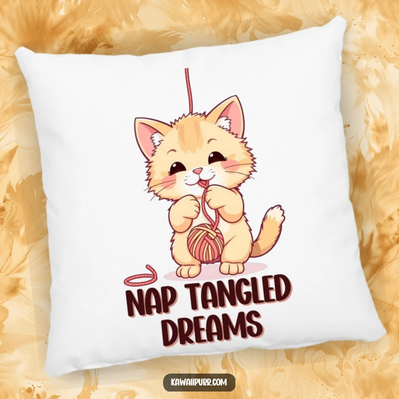 Funny fuzzy cat yarn pillow, depicted in a playful stance, batting at a ball of yarn, perfect for cozy cat-themed rooms.