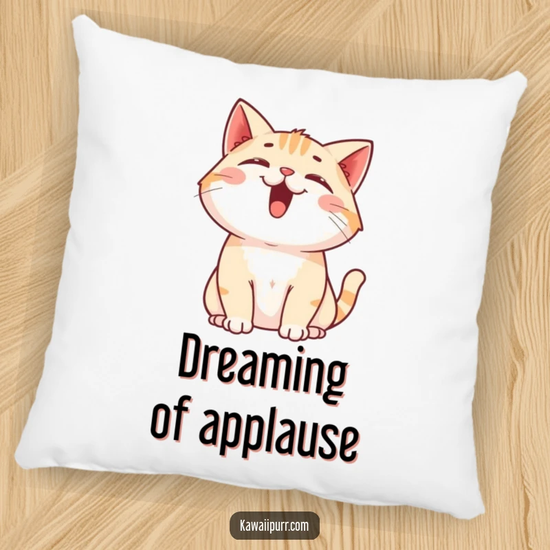 Funny Cat Pillow: A soft cushion depicting a happy cat character joyfully meowing upwards with its mouth open.