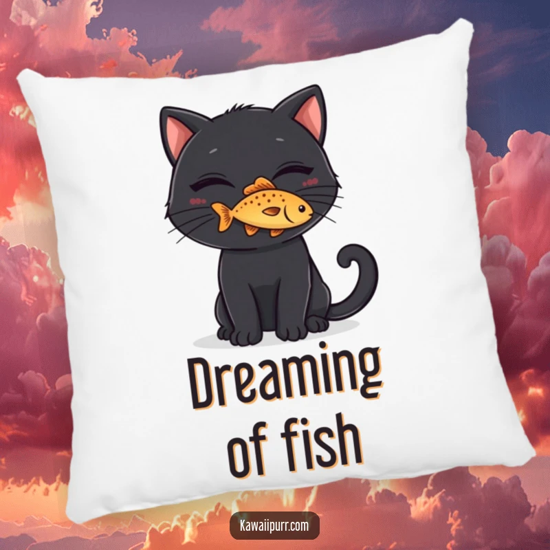 Funny Pillow: A black cat with a mischievous grin balancing a tiny fish on its nose, perfect for relaxation.