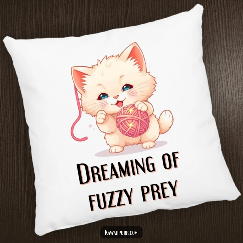 Funny Pillow: Plush cushion featuring a fluffy kitten character trying to bat a sparkly yarn ball, offering comfort and whimsy.