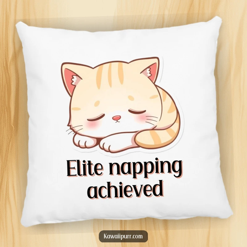 Funny pillow featuring a cartoon cat character in a deep, peaceful sleep, with a small, blissful smile signifying sweet dreams.