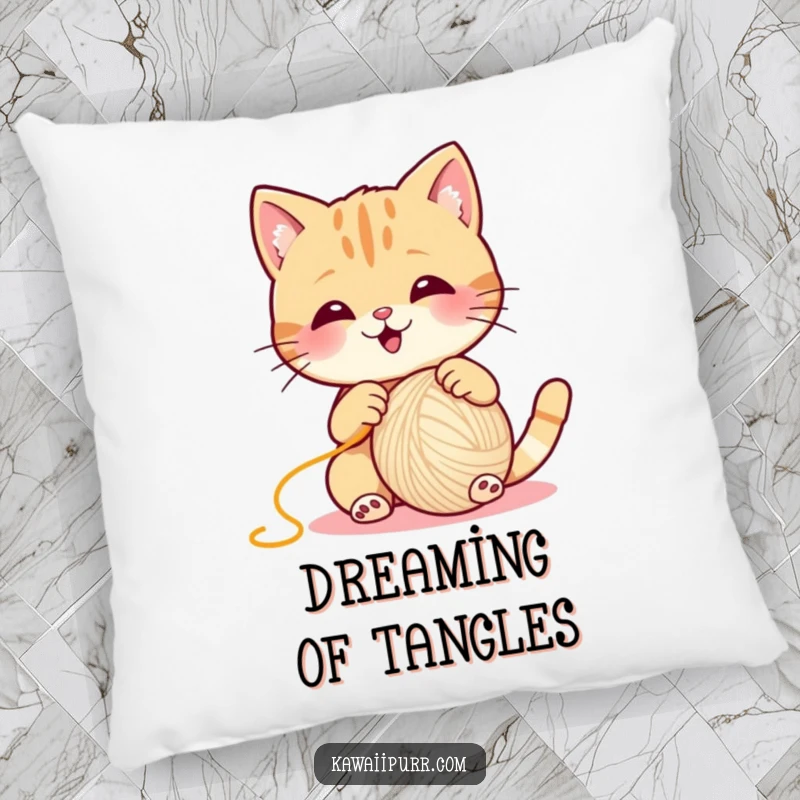 Funny Cat Pillow, a cute cat joyfully playing with a large ball of yarn, soft and inviting.