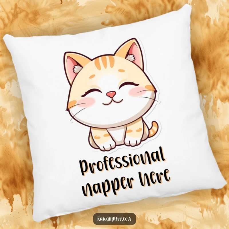 Funny pillow featuring a content, smiling cat with eyes closed, purring, symbolizing ultimate comfort.