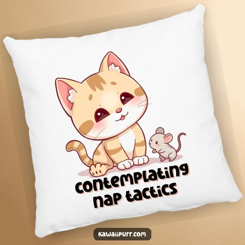 Funny curious cat pillow featuring a tilted head, perked ears, and a focus on a tiny mouse toy.