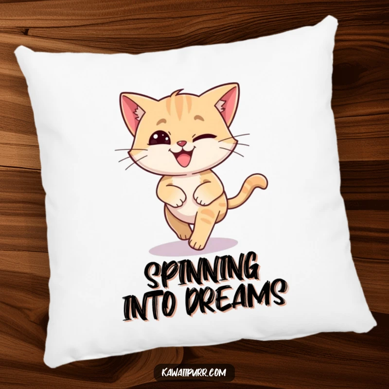 Funny pillow depicting a silly cat with a goofy grin, spinning dizzily while chasing its tail, for cozy amusement.