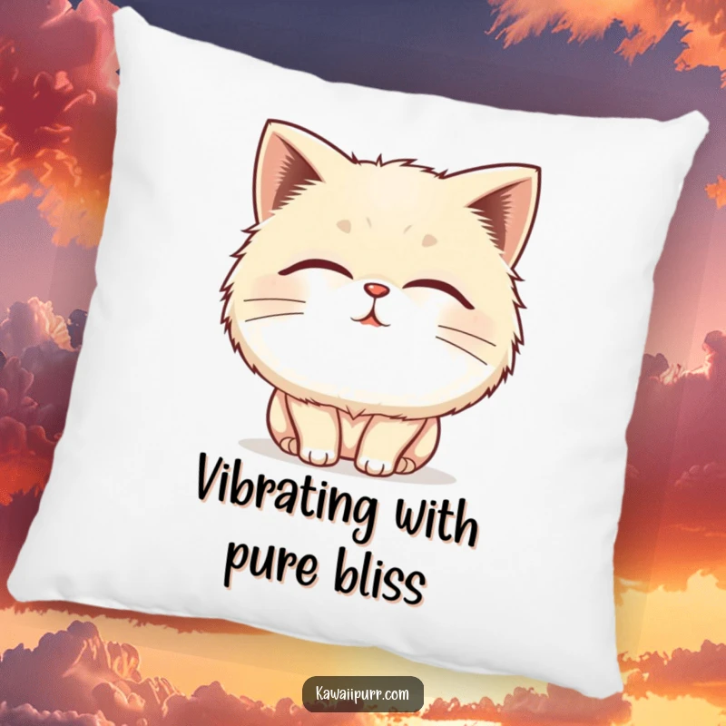 Funny fluffy cat pillow with a character blissfully purring, eyes shut, surrounded by vibrating lines of pure happiness.