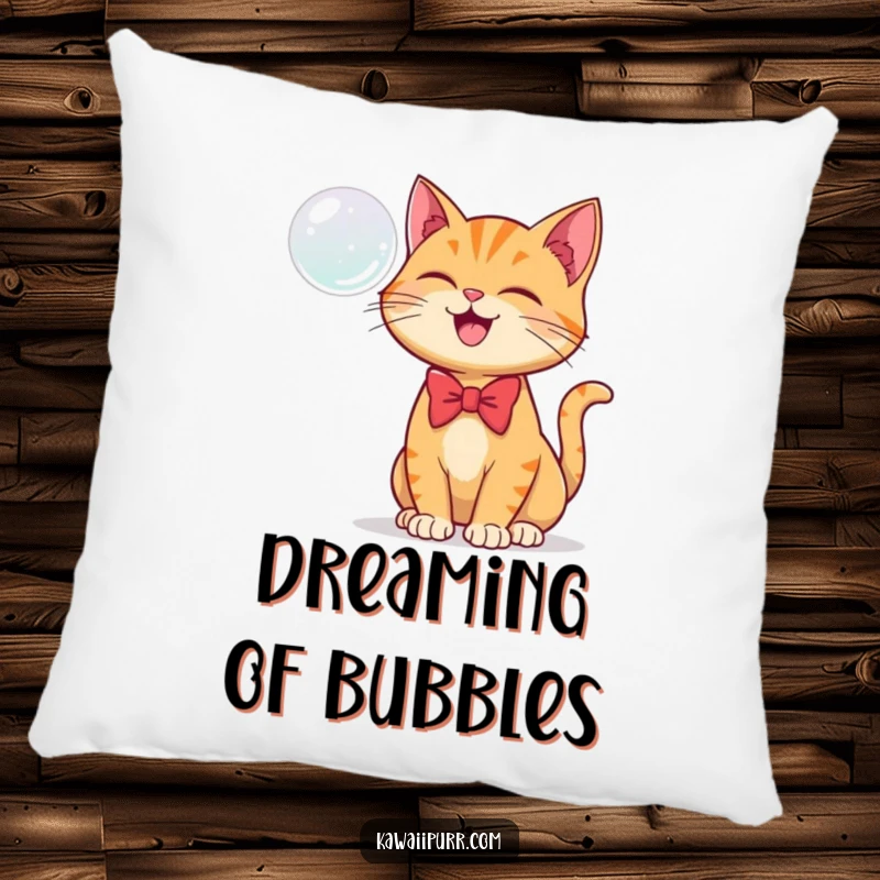 Funny pillow featuring a ginger cat in a bowtie joyfully batting at a floating bubble, perfect for cozying up.