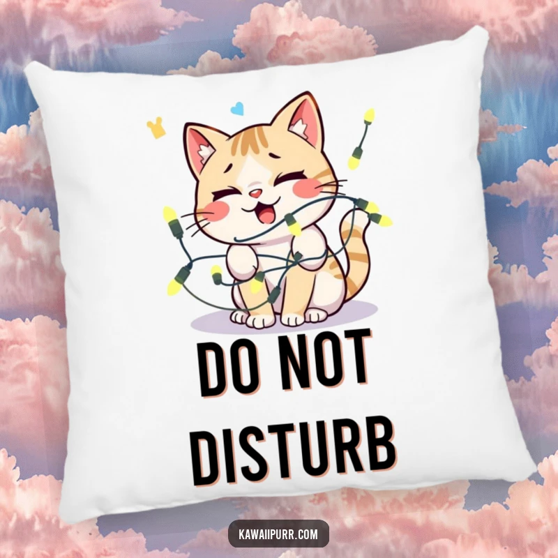 Funny kawaii cat tangled in lights, looking comically distressed, resting on a pillow.