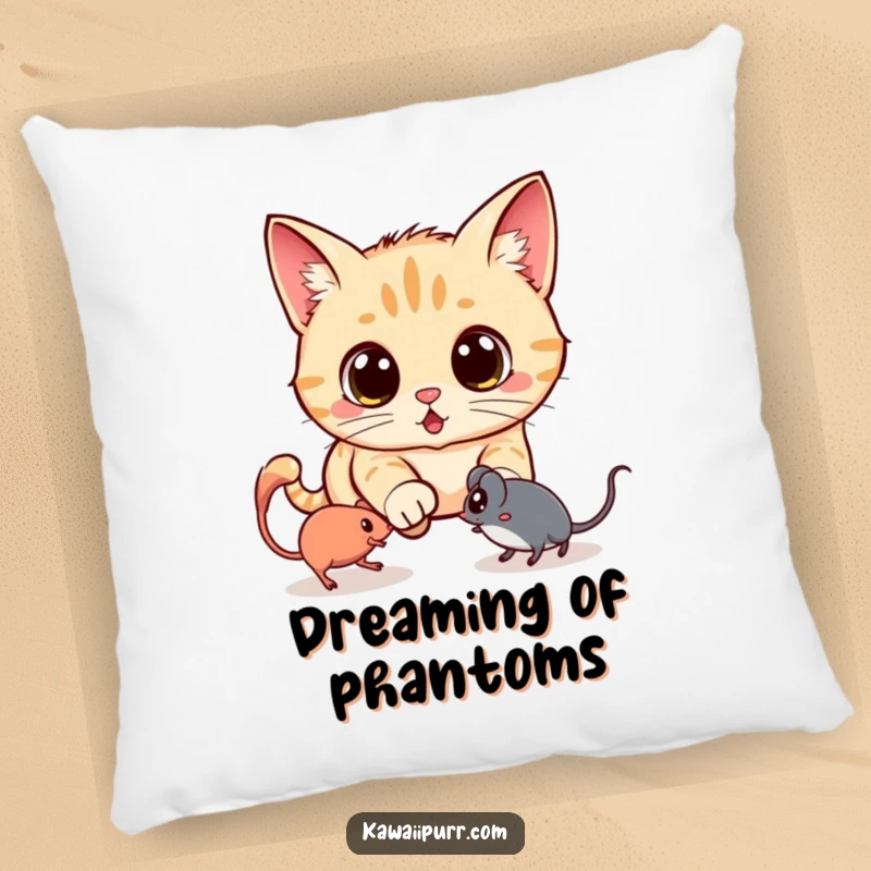 Funny pillowcase featuring a kawaii cat with comically surprised eyes, chasing a spectral mouse, blending plush comfort with lighthearted spookiness.