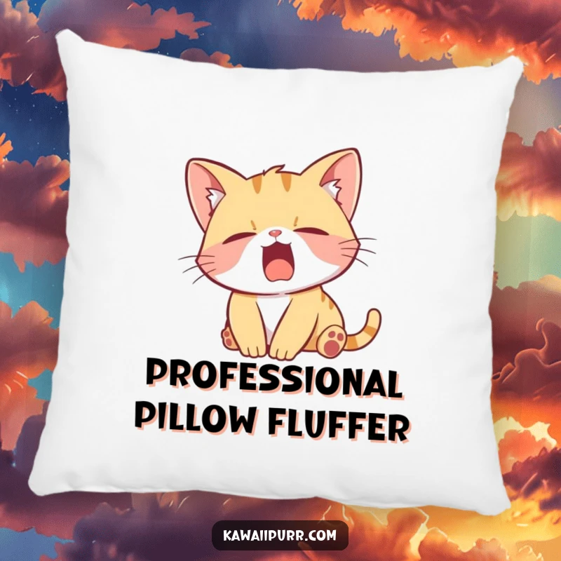 Funny Pillow featuring a soft, plush kitten character in a sleepy yawn, offering comfort and a dose of humorous laziness.