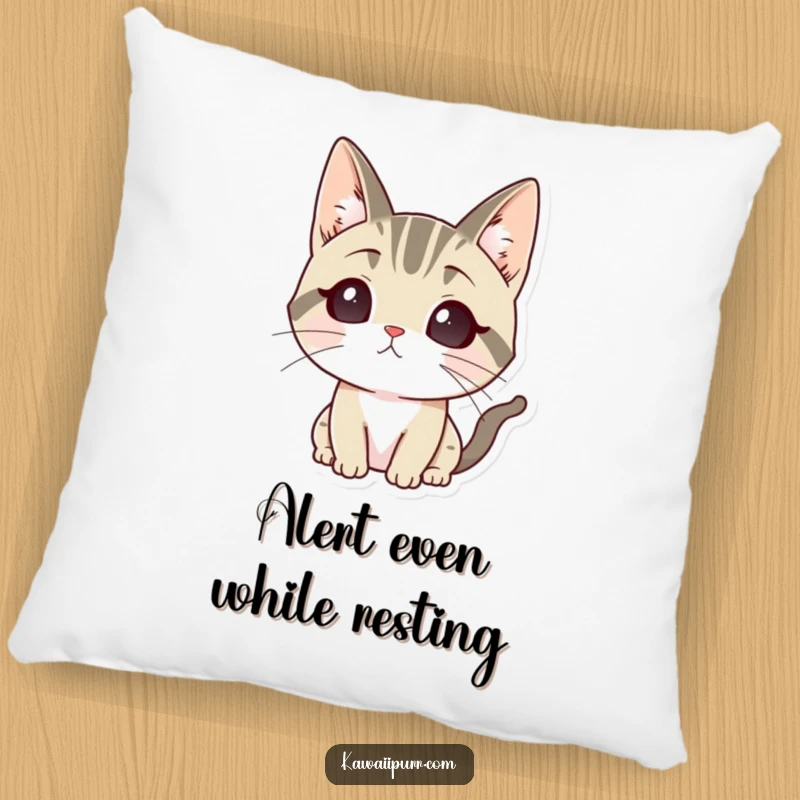 Funny pillow featuring a cartoon cat character with ears sharply perked, showing deep focus and attentive listening.
