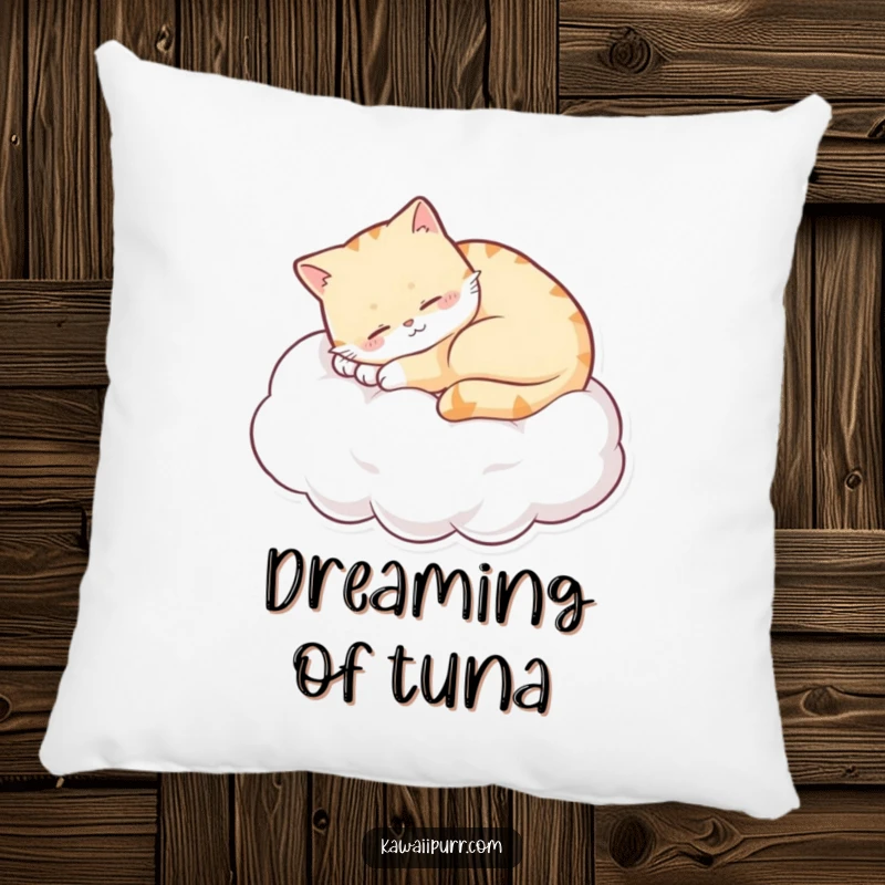Funny sleepy cat curled on a cloud, purring with a content smile, as a decorative pillow. Soft, cozy, and humorous home accent.