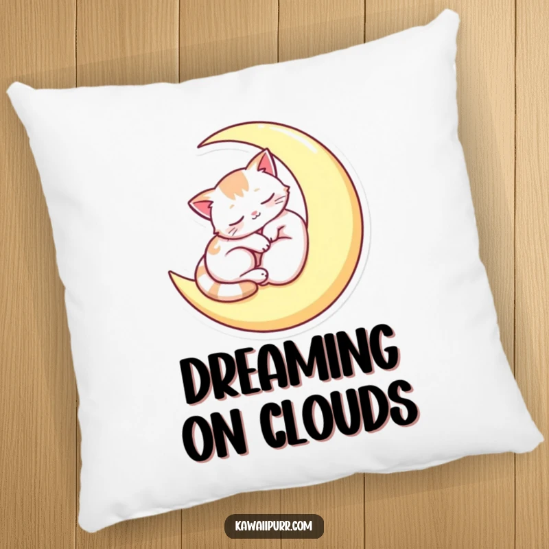 Funny pillow featuring a sleepy cat curled on a crescent moon, offering a soft and dreamy accent for any room.