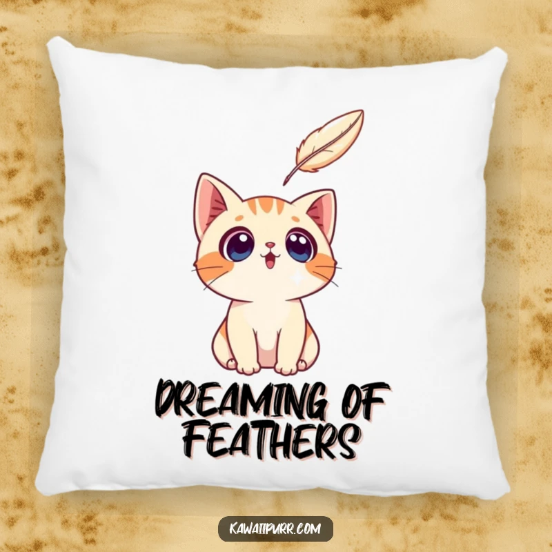 Funny surprised cat character mesmerized by a floating feather, designed to add charm to a comfortable pillow.