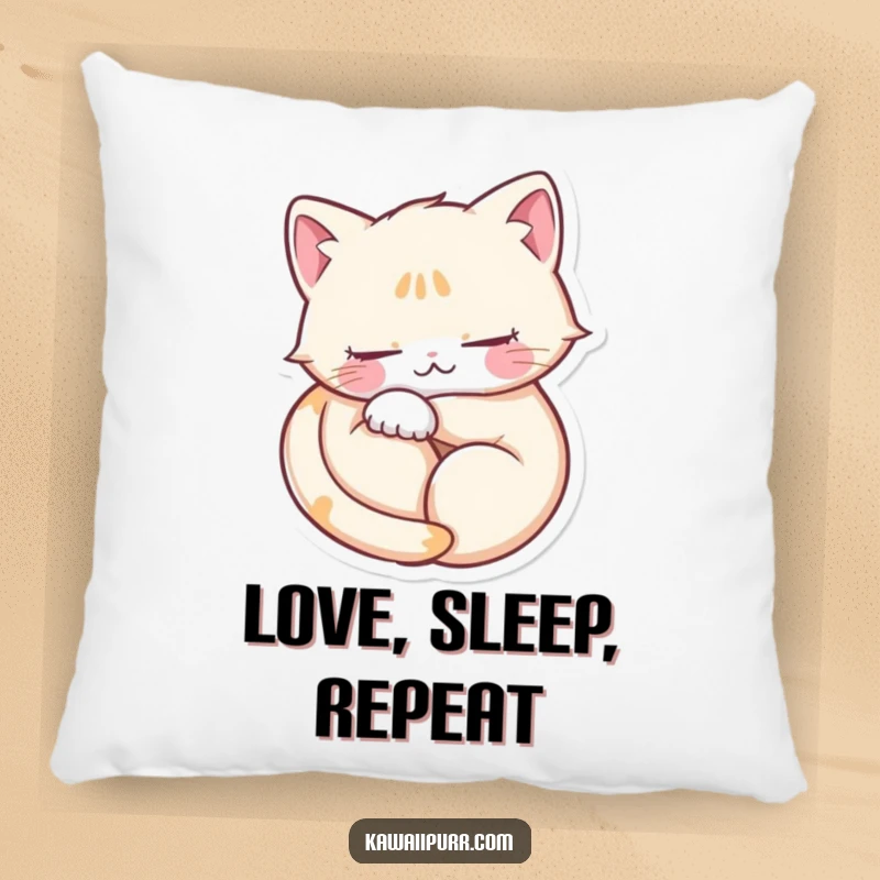 Funny pillow with a blissfully purring cat forming a heart shape, eyes closed, symbolizing soft, cozy feline affection.