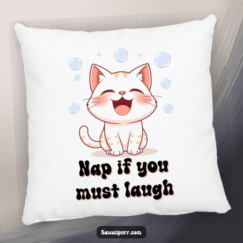 Funny pillow featuring a cartoon cat character hysterically laughing, with whimsical soap bubbles floating around its elated, smiling face.
