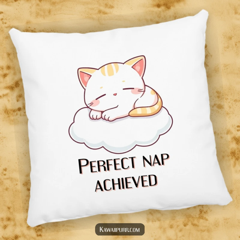 Funny pillowcase featuring a kawaii cat napping blissfully on a cloud with a tiny smile, combining plush comfort with peaceful humor.