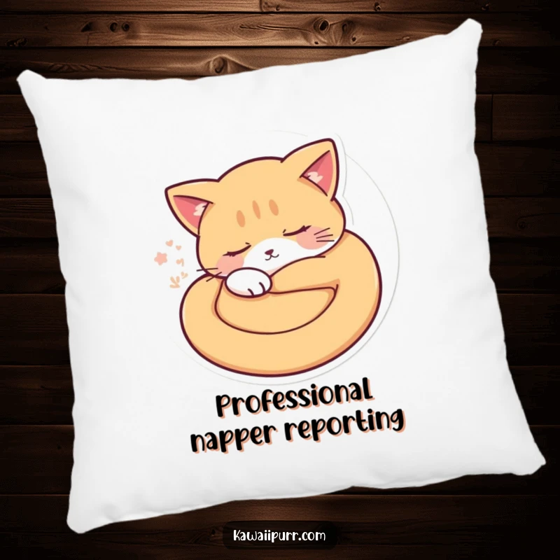 Funny sleepy cat curled into a perfect circle, showing soft purr vibrations, on a comfortable pillow. A funny gift.