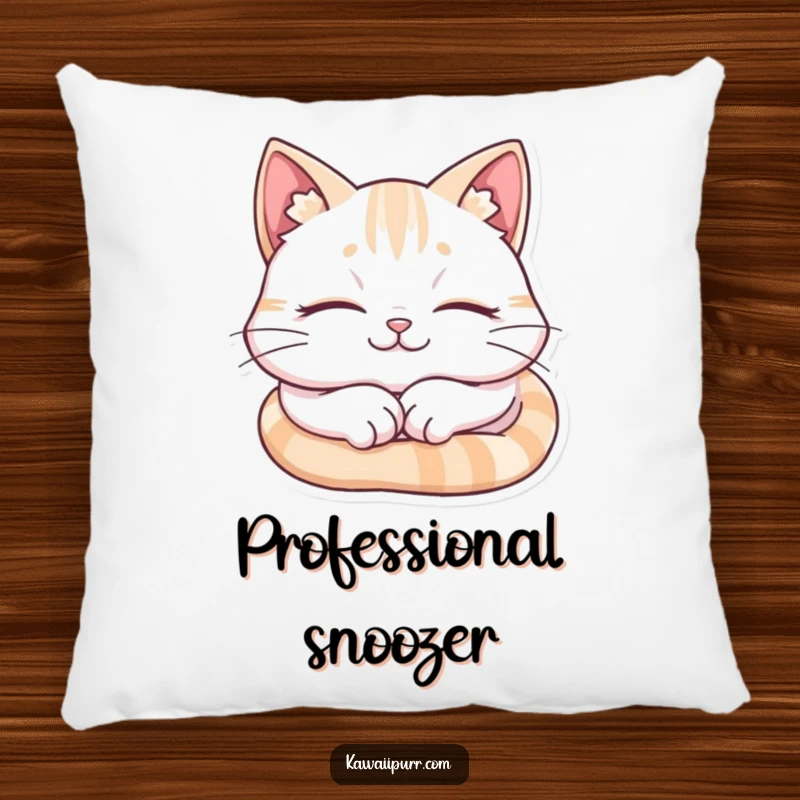 Funny Cat Pillow, a cute cat sleeping peacefully with a joyful smile, soft and cuddly.