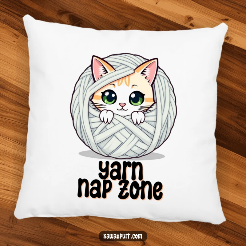 Funny pillow featuring a cat character peeking with wide eyes behind a giant ball of yarn, adding a cute and mysterious touch.
