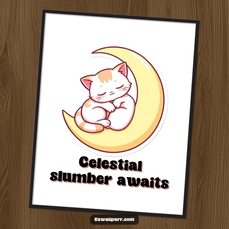Funny digital art print of a sleepy cat curled up peacefully on a crescent moon, symbolizing calm, dreams, and feline comfort.