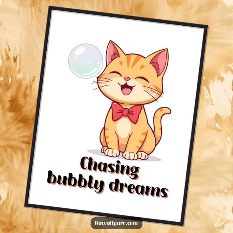 Funny digital art print of a ginger cat in a bowtie joyfully batting at a floating bubble, full of charm.