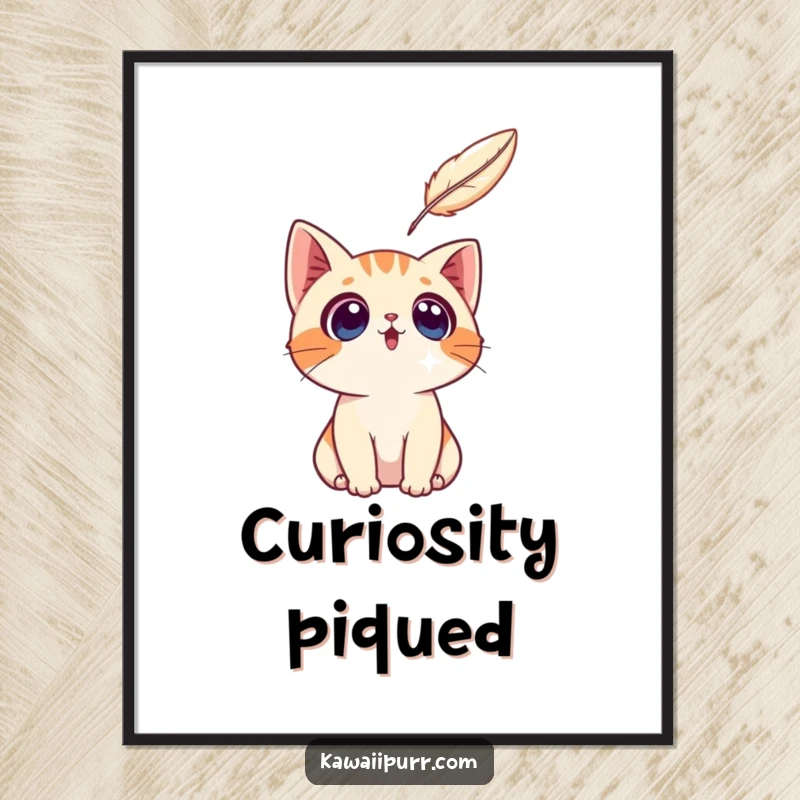 Funny illustration of a surprised cat character gazing up at a floating feather, designed as a digital art print.