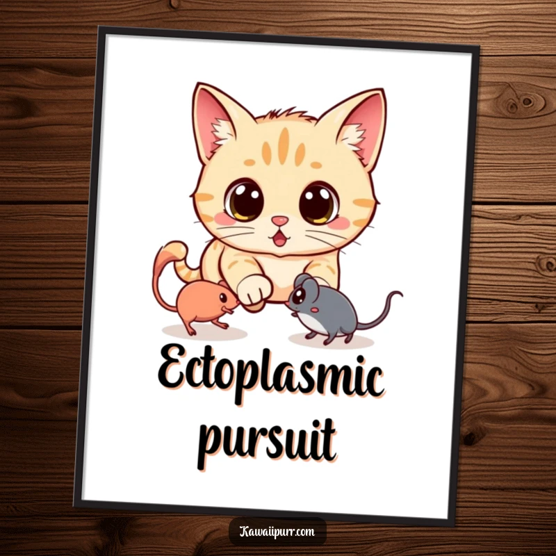 Funny digital art print of a kawaii cat with surprised eyes, chasing a spectral mouse, bringing playful spookiness and humor to any room.