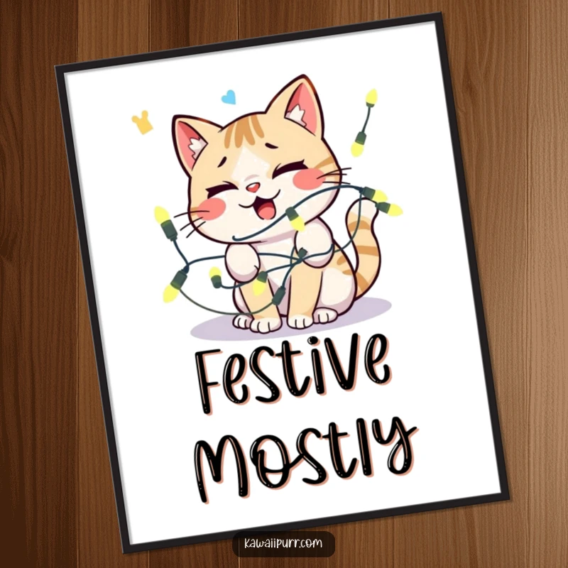 Funny kawaii cat tangled in lights, looking comically distressed, as digital art print.