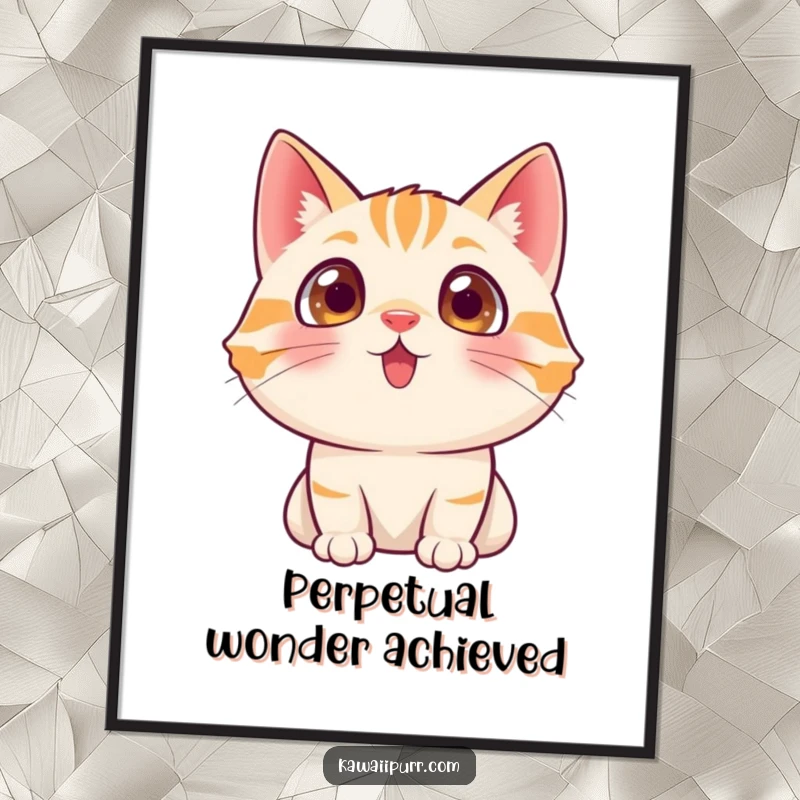 Funny cat character with wide, excited eyes looking upwards, conveying pure wonder as a digital art print.