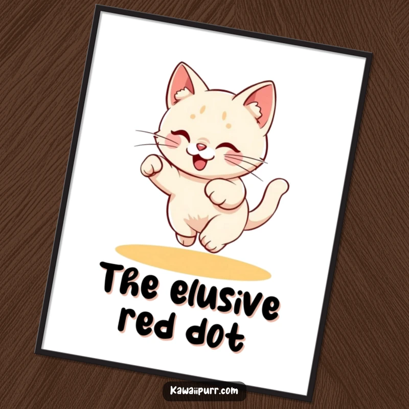 Funny Digital Art: Printable artwork of a playful kitty character energetically chasing a bright red laser pointer dot.