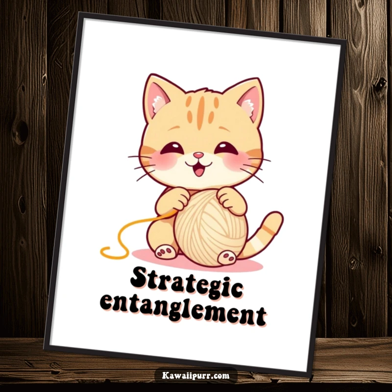 Funny Cat Digital Art Print, a comical cat gleefully batting a large ball of yarn, high-resolution.