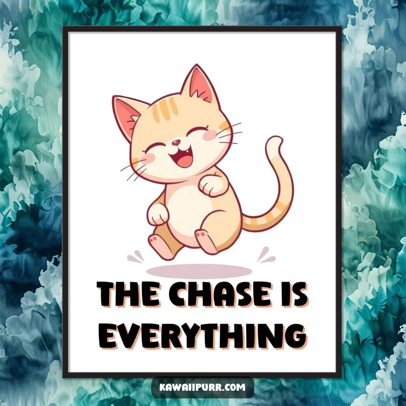 Funny cat digital art print of a character joyfully spinning in a blur while chasing its tail.