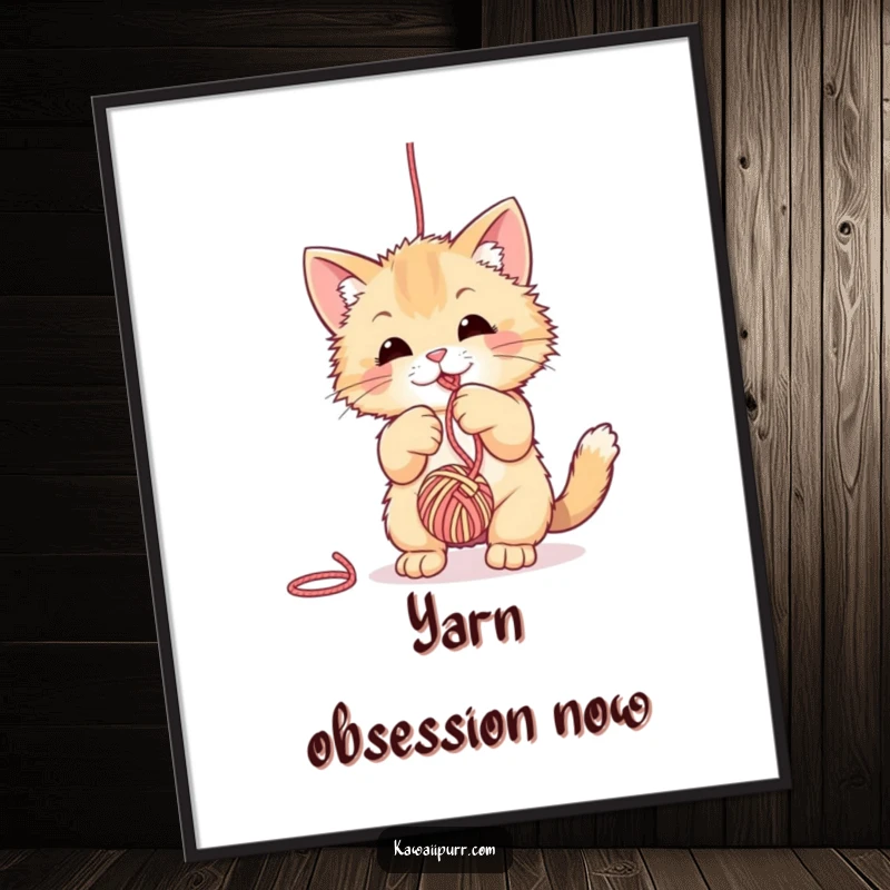 Funny fuzzy cat digital art print, captured in a moment of pure play batting at a dangling ball of yarn.