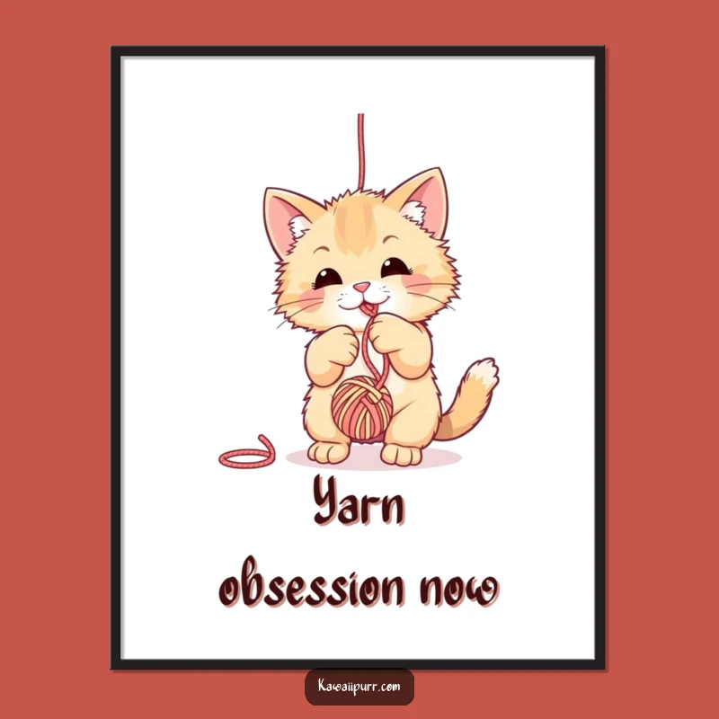 Funny Fuzzy Cat Art Print - Playful Yarn Ball Decor!