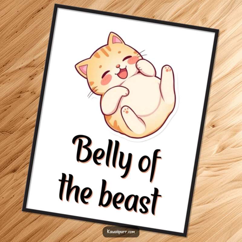 Funny Happy Cat Belly Digital Art Print featuring a happy cat character rolling on its back, radiating pure joy.