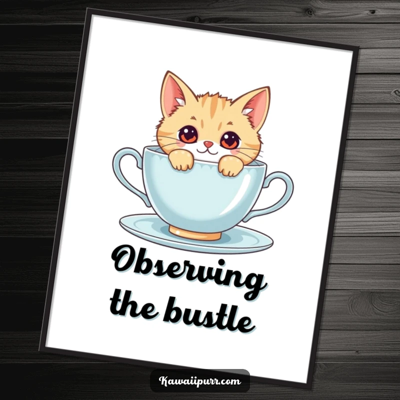 Funny kawaii cat with curious eyes peeking from behind a giant teacup, downloadable art print for instant joy.