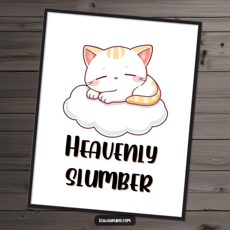 Funny digital art print of a kawaii cat napping blissfully on a cloud with a tiny smile, bringing serene humor to any room.