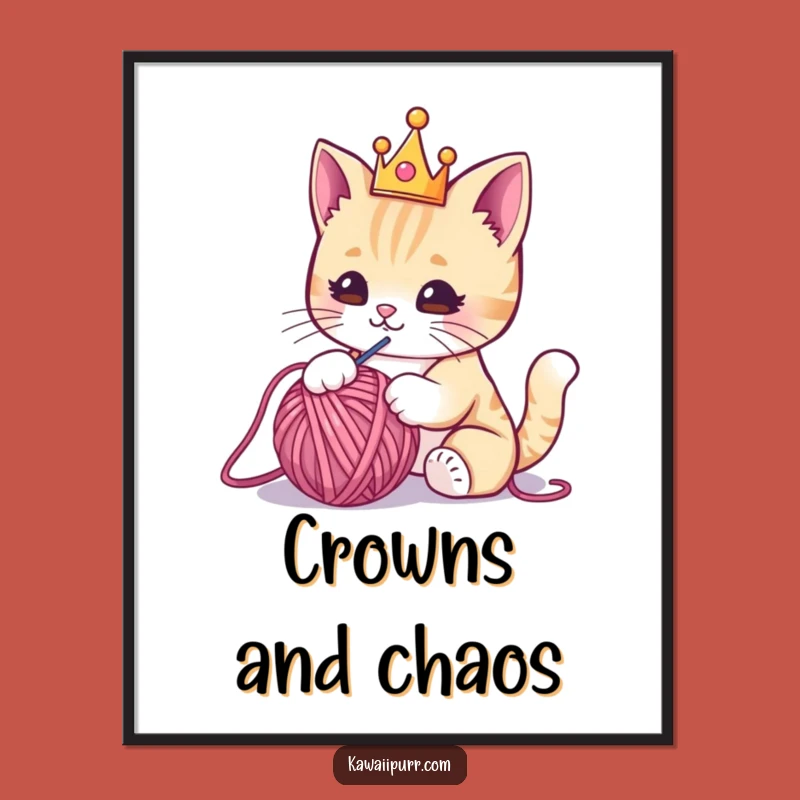 Funny Kawaii Crown Cat Digital Art: Regal Feline Fun for Your Walls