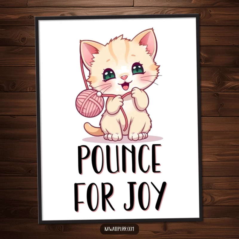 Funny digital art print of a kawaii kitten joyfully batting a yarn ball, perfect for instantly adding cute decor.