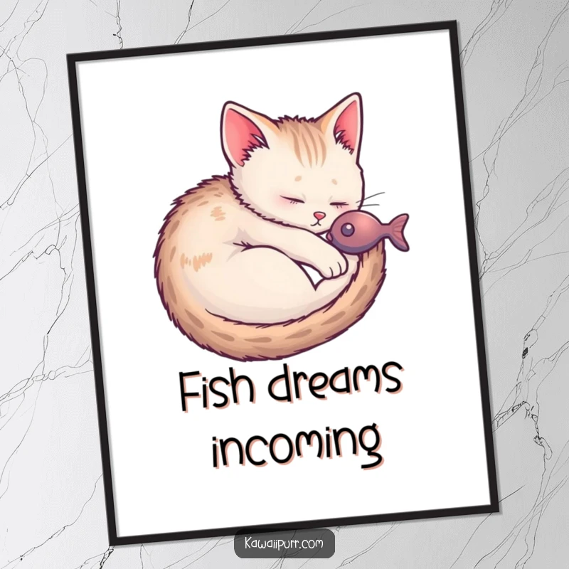 Funny Kitten Fish Dream Digital Art Print showing a sleeping kitten dreaming of fish, perfect for instant whimsical decor.