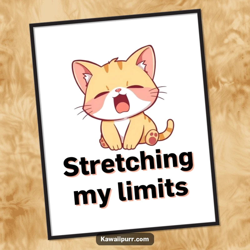 Funny Digital Art Print of a lazy kitten character in a massive yawn and stretch, offering humorous and adorable wall art for instant download.