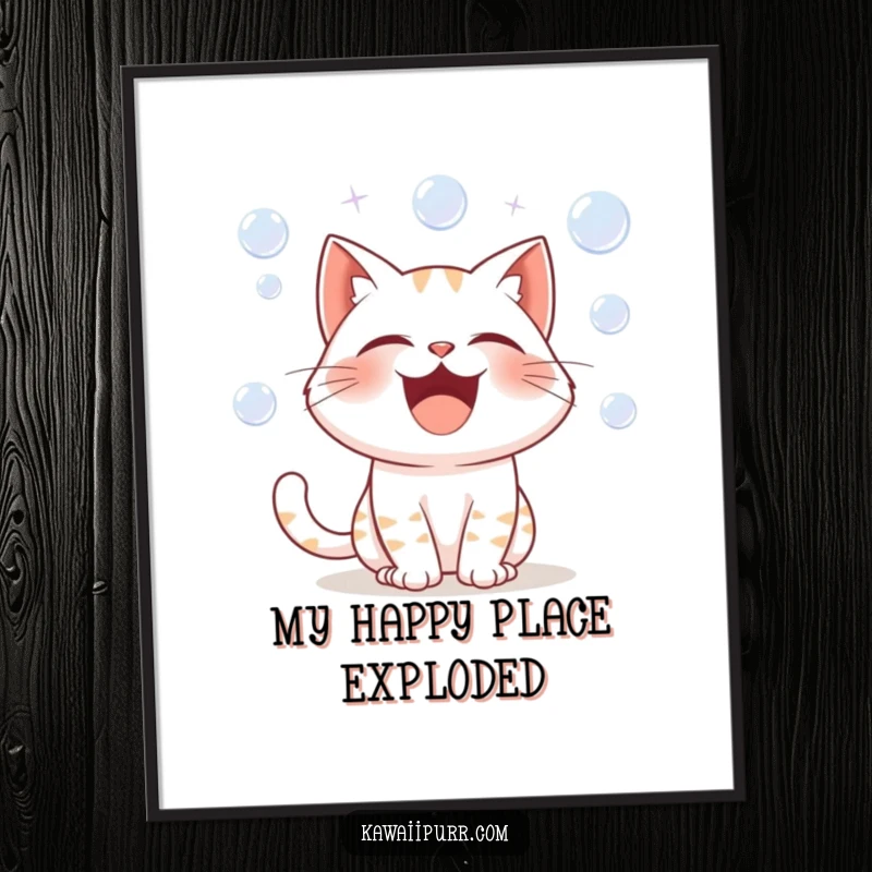 Funny digital art print of a cartoon cat character in hysterics, surrounded by cheerful, effervescent bubbles, conveying pure comedic bliss.