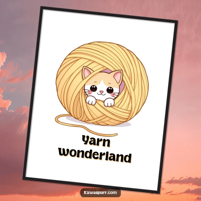 Funny digital art print of a playful cat peeking from behind a giant ball of yarn. Ideal for whimsical decor.