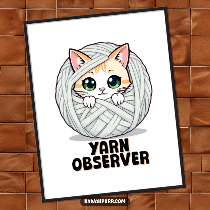 Funny digital art print of a cat character peeking with wide eyes from behind a yarn ball, perfect for adding mysterious decor.