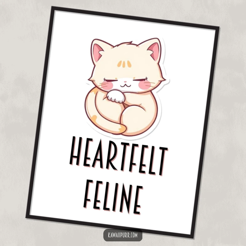Funny digital art print of a purring cat curled in a heart shape, eyes closed blissfully, perfect for cozy decor.