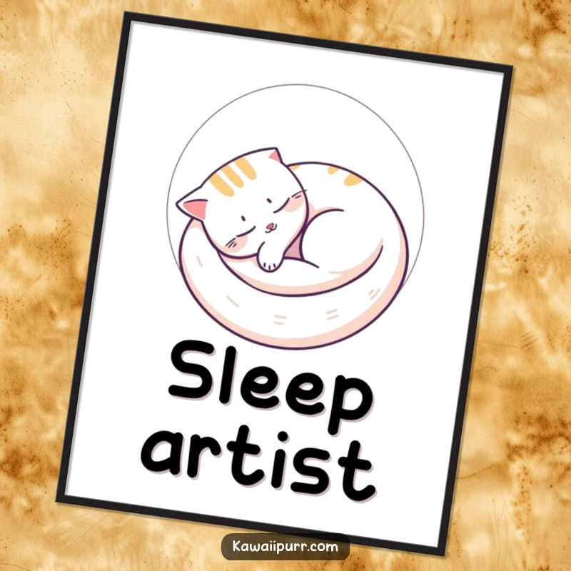 Funny sleeping cat digital art print showing a peacefully napping cat curled in a circle, ideal for adding calming and serene decor.